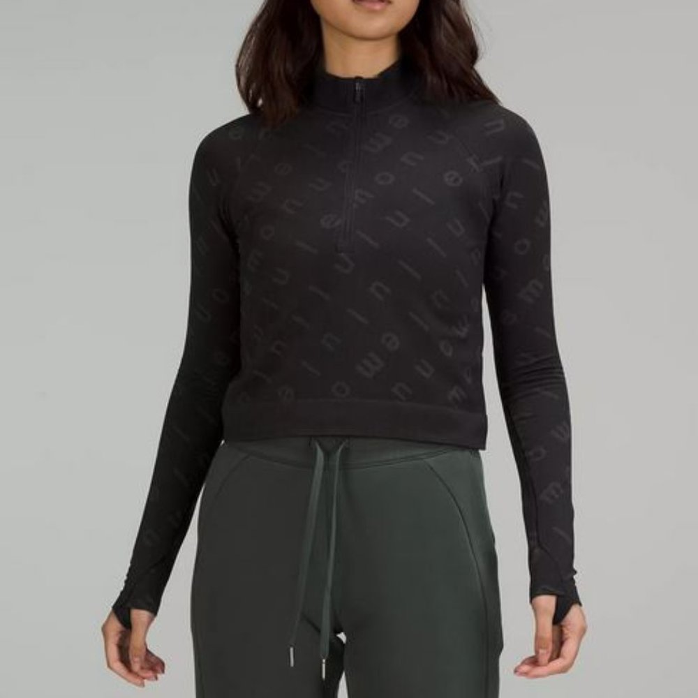 Lululemon Rest Less Cropped Half-Zip Logo Letter Black/Graphite Sweater Size 10